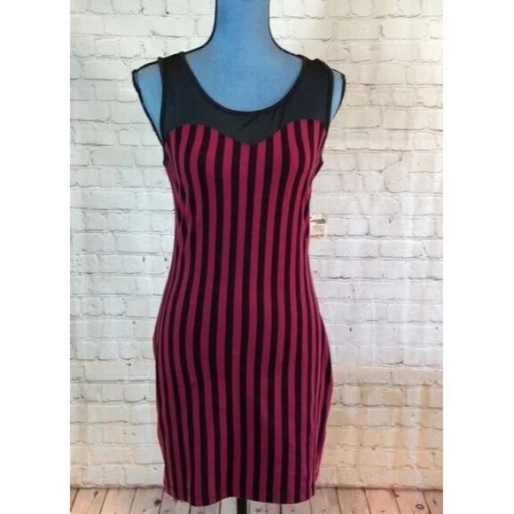 NWT Charlotte Russe Dress Red & Black Vertical Stripe Bodycon Mesh Yoke Large - Picture 1 of 8